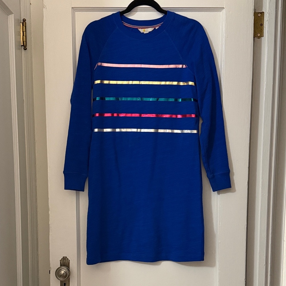 Boden Cobalt Blue Sweatshirt with Pink, Green and Silver Stripe Trim